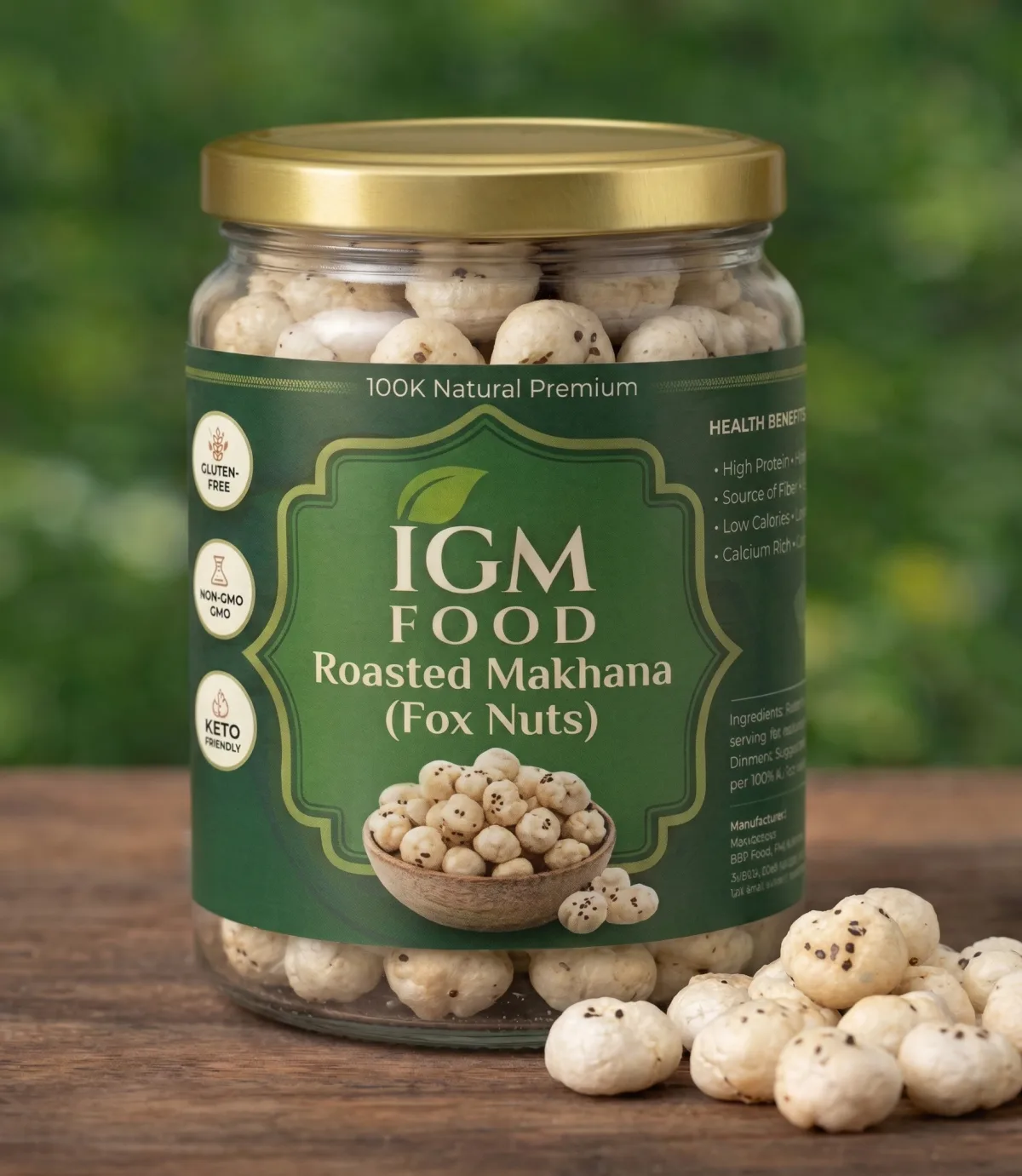 IGM Food roasted makhana label design on a glass jar
